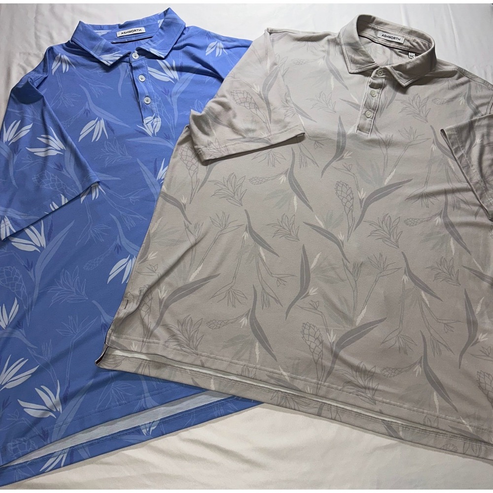 Ashworth Golf Polo Shirt Mens 2XL Blue Gray Floral Tropical Stretch bundle